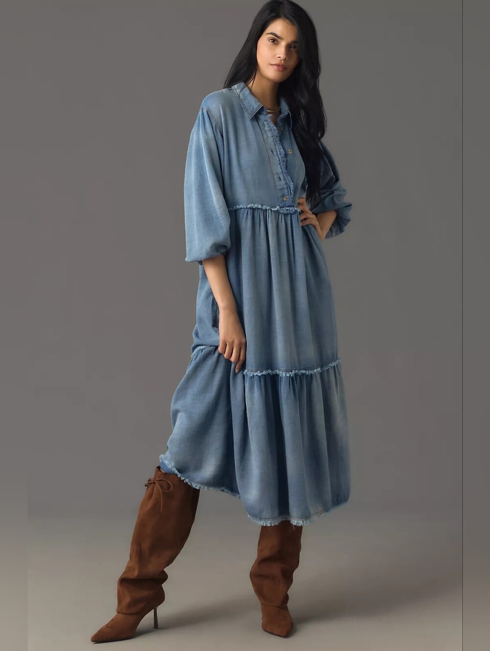 Anthropologie 100% Cotton Chambray Tiered Maxi Dress in Light Blue Size L - Picture 1 of 11